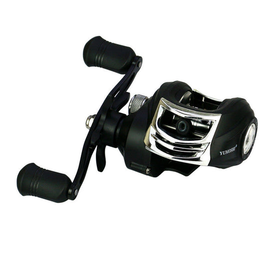 Fishing reel with black and silver design on a white background