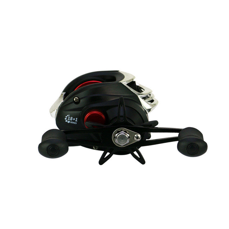 Fishing reel with black and silver design on a white background