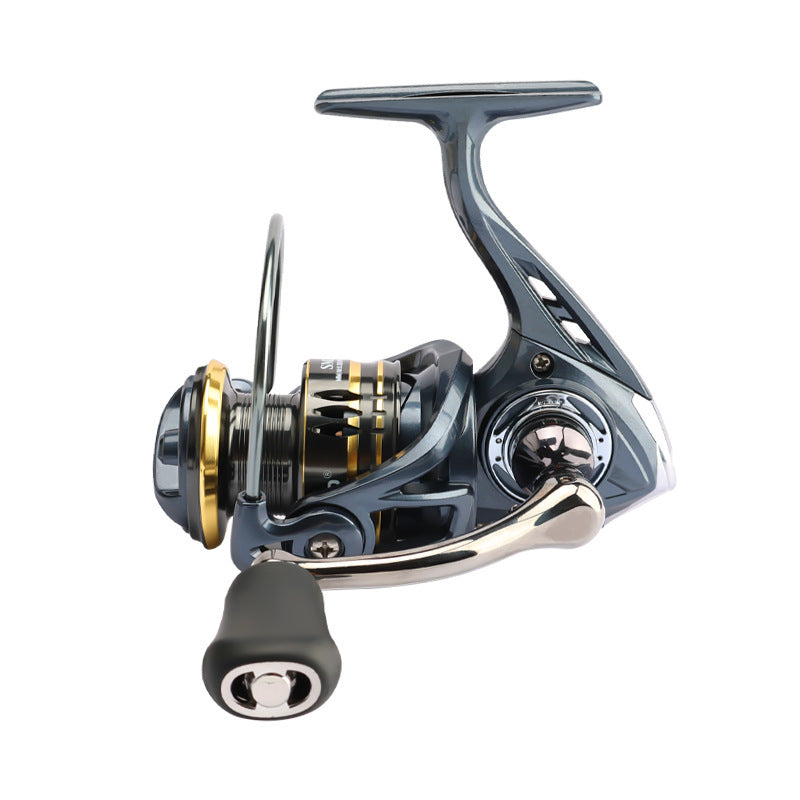 Fishing reel with metallic finish on a white background
