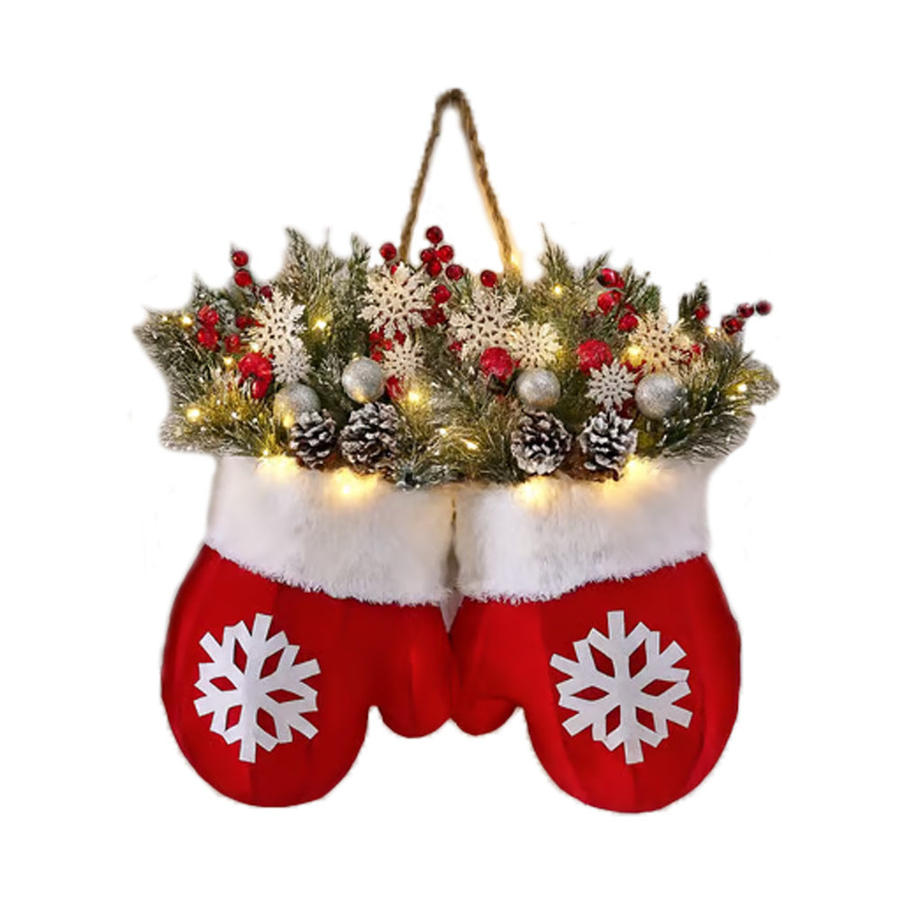 Decorative Christmas stocking with mittens, lights, and festive elements on a white background