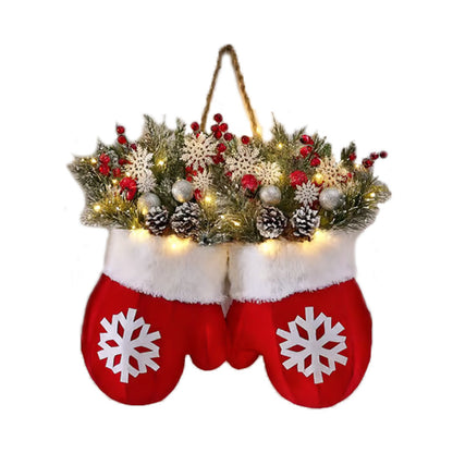 Decorative Christmas stocking with mittens, lights, and festive elements on a white background
