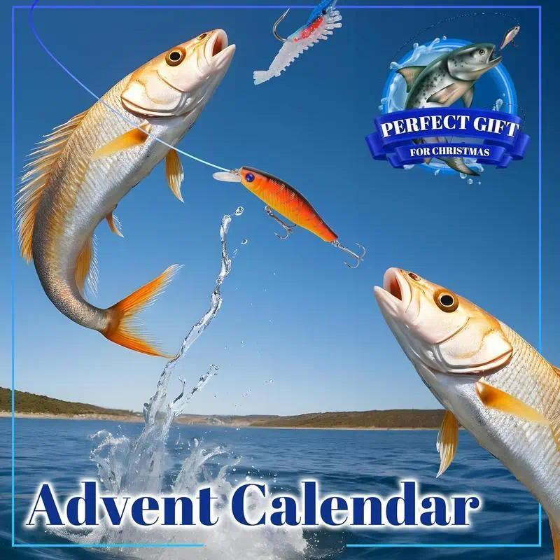 Christmas-themed Advent Calendar graphic featuring two jumping fish, a fishing lure, and a blue badge that reads 'Perfect Gift for Christmas.' The text 'Advent Calendar' appears at the bottom over a lake and sky background.