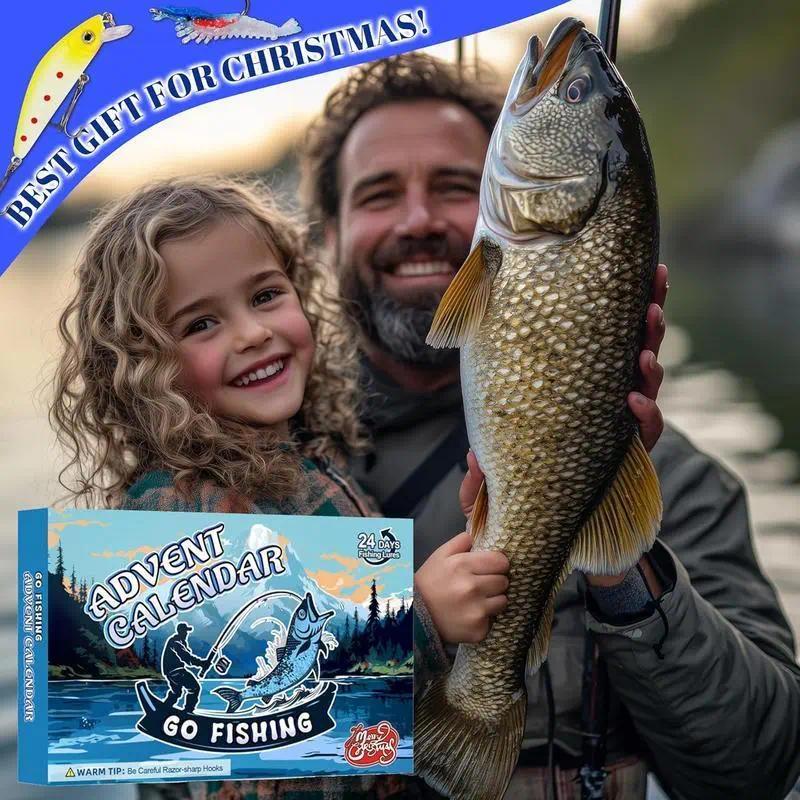 Man and child holding a fish with an advent calendar labeled 'Go Fishing' on a Christmas-themed background.