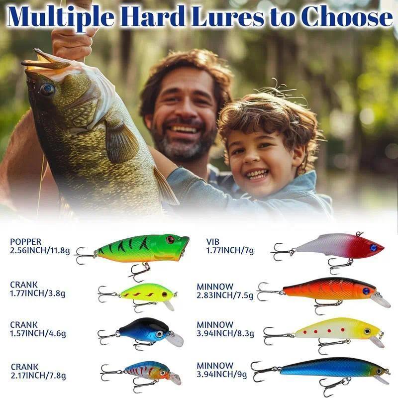 Man and child holding a fish with fishing lures displayed below