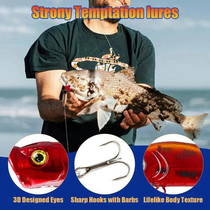 Man holding a fish caught with Strony Temptation lures, showing product details.