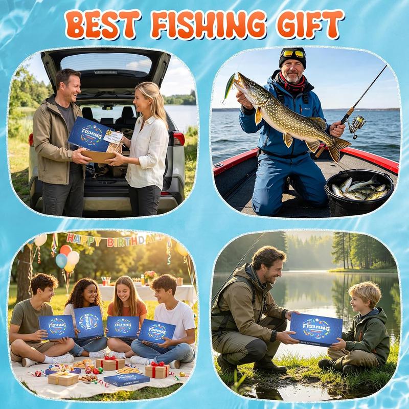 A four-panel promotional collage with the headline 'BEST FISHING GIFT' at the top. The panels show people using a blue 'Fishing Vessel' box: one standing by an open car trunk, one in a boat holding a large fish, one sitting by a lake with gifts and the box, and one kneeling by the water while giving the box to a child.