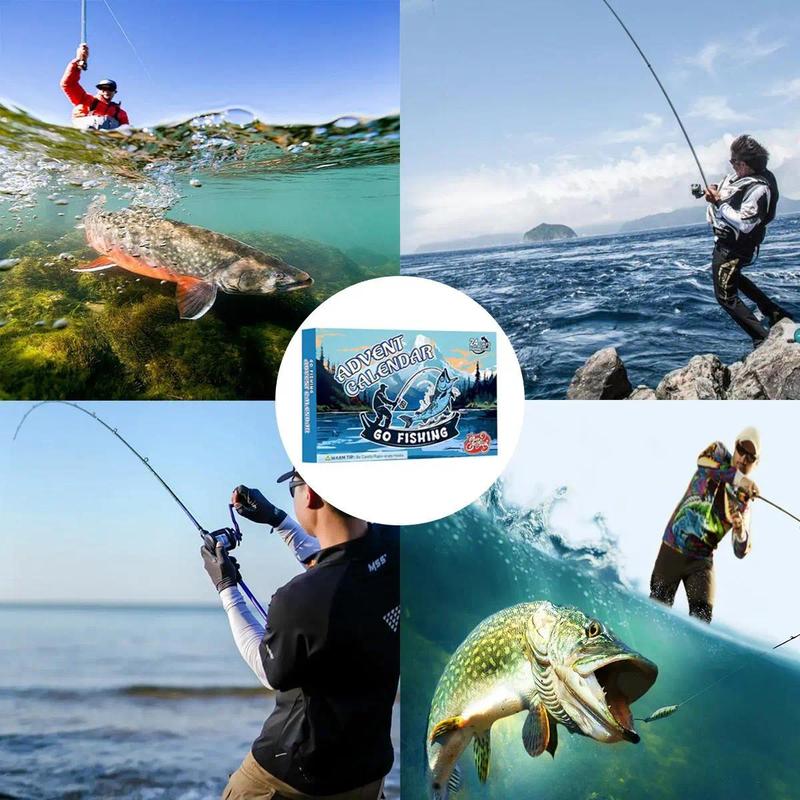 A collage of four outdoor fishing scenes around a central product box for 'Angler's Whistle 3D Fishing'. The scenes show a fish jumping in clear water, a fisherman casting on open ocean, another fisherman from behind, and a close-up of a large fish biting a lure.