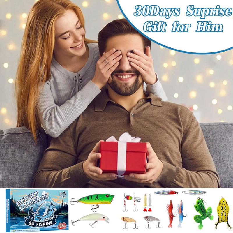 A smiling woman covers a man's eyes while he holds a red gift box with a white ribbon. The scene is set on a gray sofa with warm string lights in the background, and a blue circular overlay reads '30Days Surprise Gift for Him.