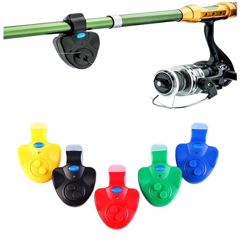Fishing rod with a reel and colorful electronic devices on a white background