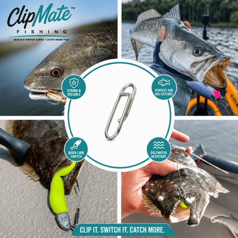 Promotional image of ClipMate Fishing product with fish and fishing gear.