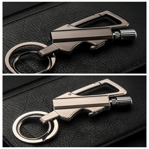 FireMate™ Metal keychain with carabiner and bottle opener on a black textured background