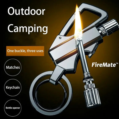 Multi-tool keychain with flame, labeled 'FireMate', on a dark background with 'Outdoor Camping' text.
