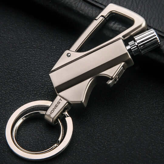 FireMate™ Metallic keychain with bottle opener on a dark background