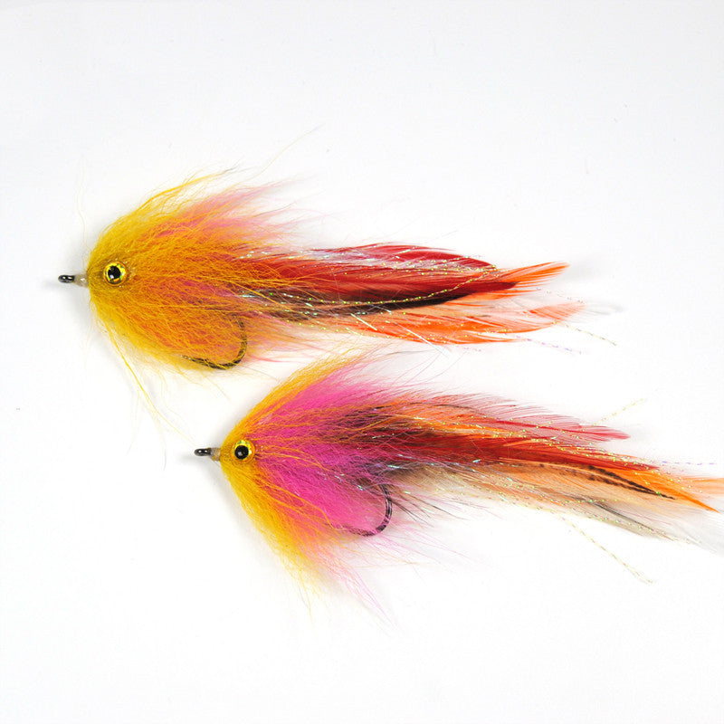 Hand-tied roadrunner fly fishing hooks with vibrant colors