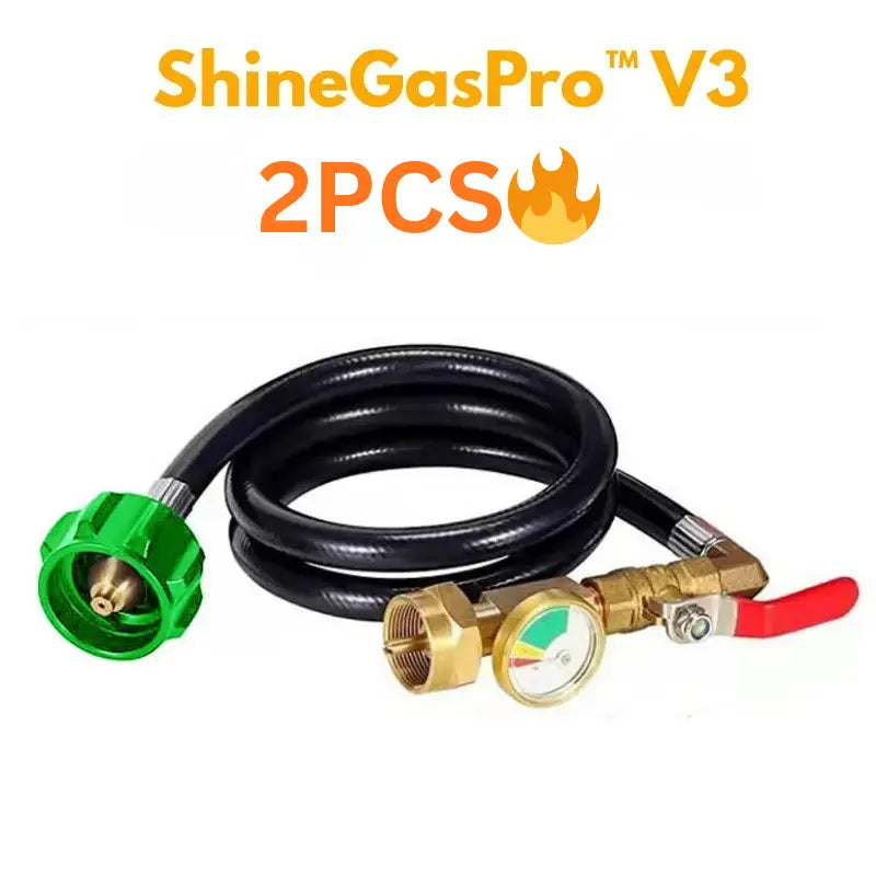 ShineGasPro V3 gas connection kit with hose and regulators on a white background