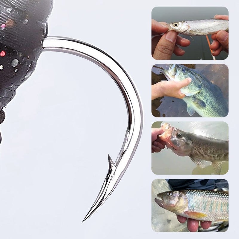 Fishing rod with a close-up of a fish and additional images of fish held by hands.