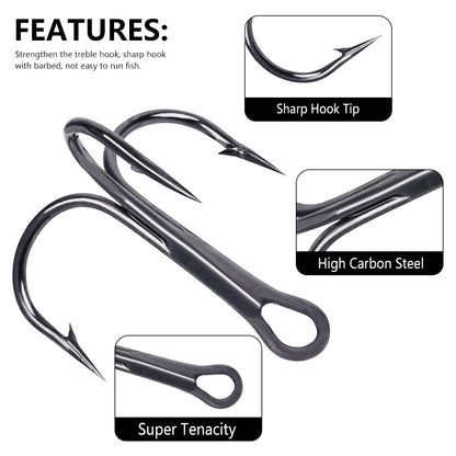 Variety of treble hook sizes ranging from 2# to 14# in a compact box.