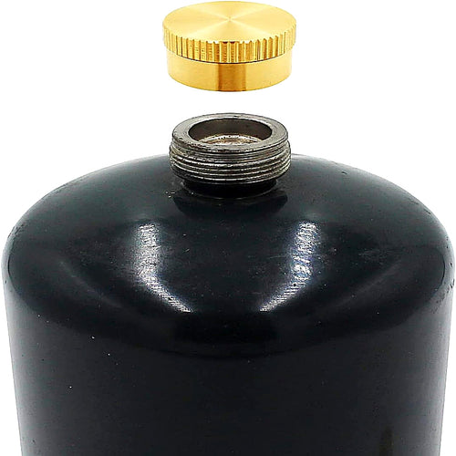 Black cylindrical container with a gold cap on a white background