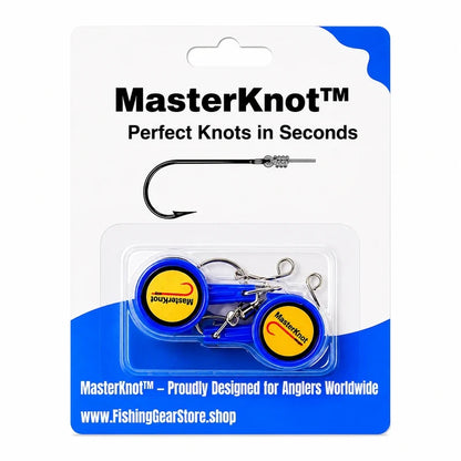 MasterKnot fishing knotting tool packaging with blue and yellow design.