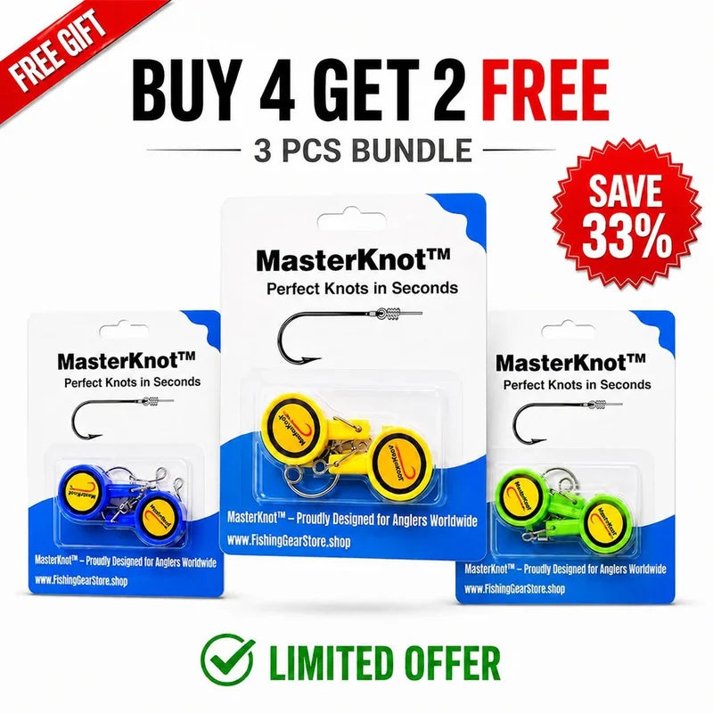 MasterKnot fishing knotting system packaging with promotional text on a white background
