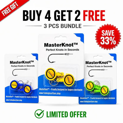 MasterKnot fishing knotting system packaging with promotional text on a white background