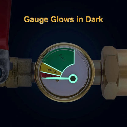 Pressure gauge with glowing green needle on a black background, labeled 'Gauge Glows in Dark'.