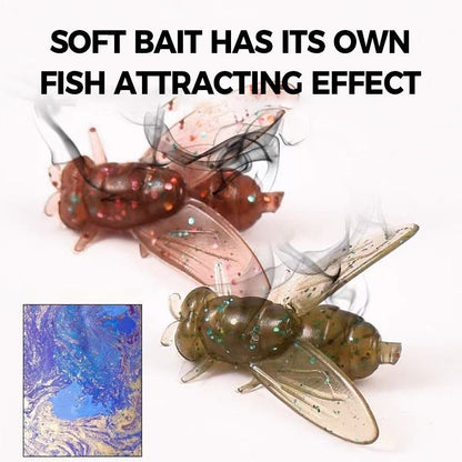 Two soft plastic fly lures with text about their fish-attracting effect on a white background.